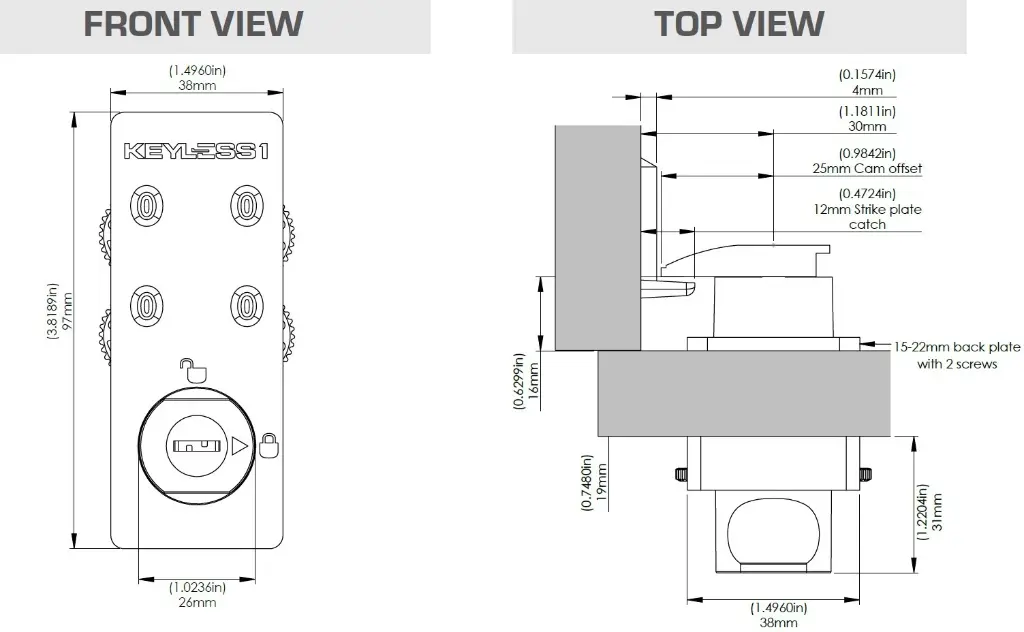 Keyless1 Mechanical Combination Lock - Dimentions - Secure Lockers.webp