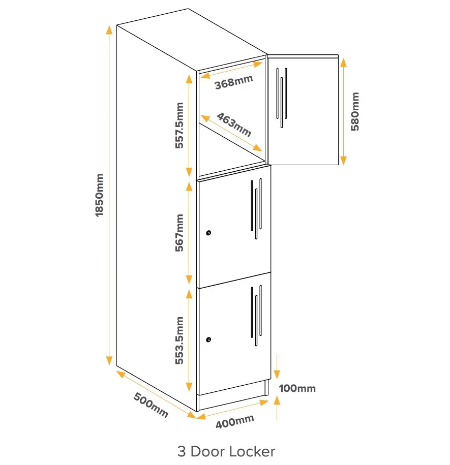 3 Door Laminate Locker - Dimensions - Secure Lockers.webp