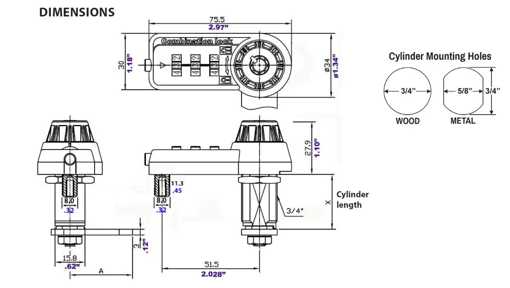 Ultra Combi-Cam Lock 7440 - Dimensions - Secure Lockers.webp