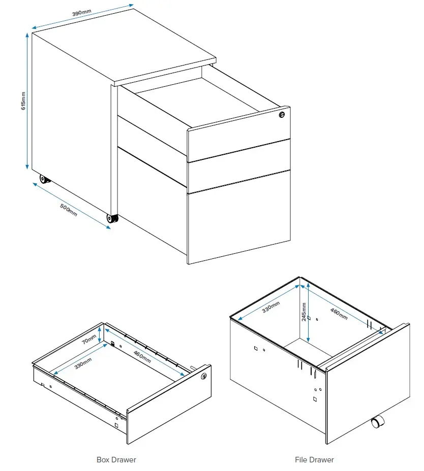 Trimline Mobile Pedestal - Dimensions - Secure Lockers.webp