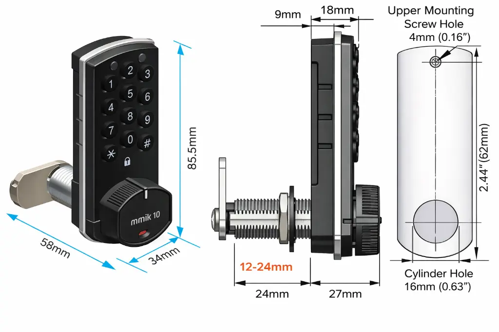 MiniK 10 PIN or NFC Digital Combination Lock - Dimensions - Secure Lockers.webp