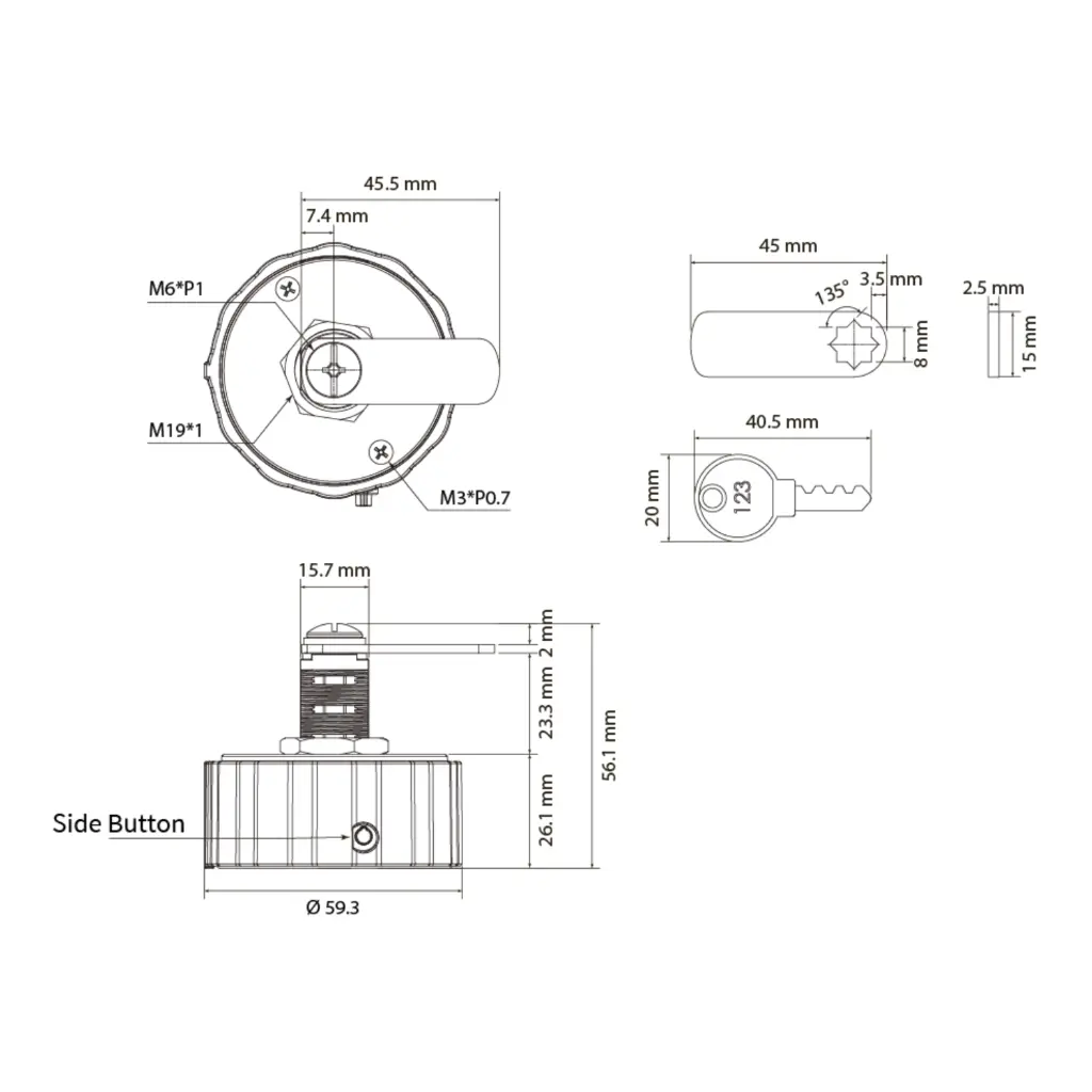 Metal Round Combination Lock  - Dimensions - Secure Lockers.webp