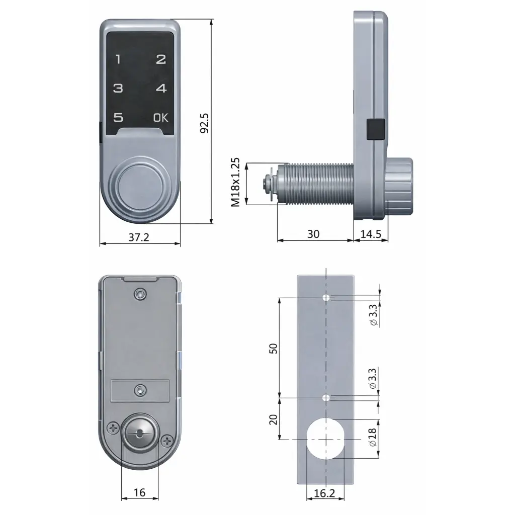5 Digit Touch Pad Digital Lock - Dimensions - Secure Lockers.webp