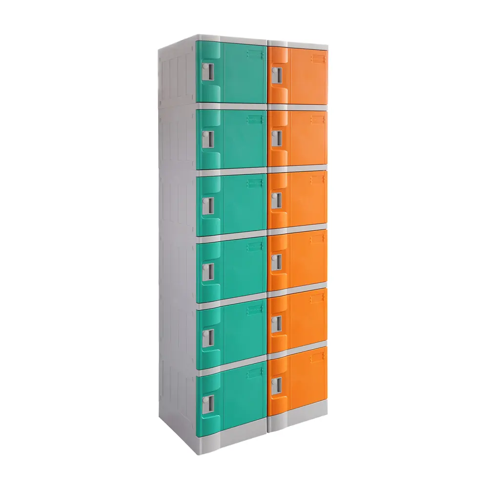 Six Door ABS Plastic Locker 1950H - Green and Orange Alternating Colours - Secure Lockers.webp