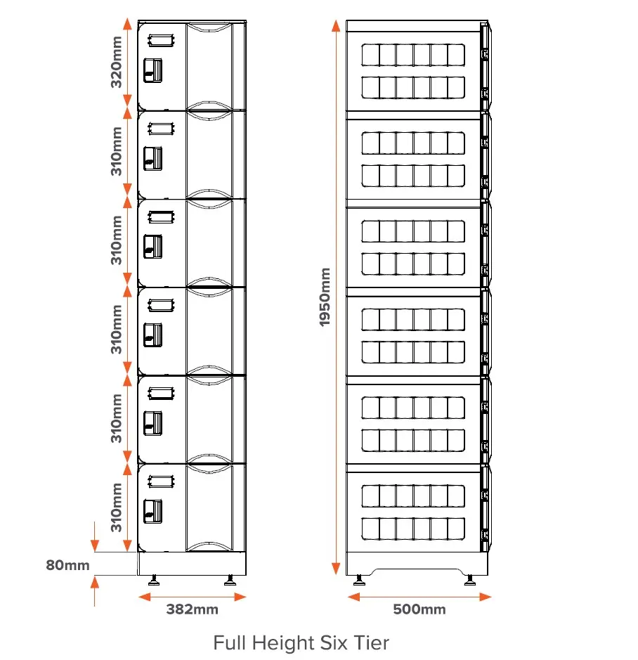 Six Door ABS Plastic Locker - Dimensions - Secure Lockers.webp