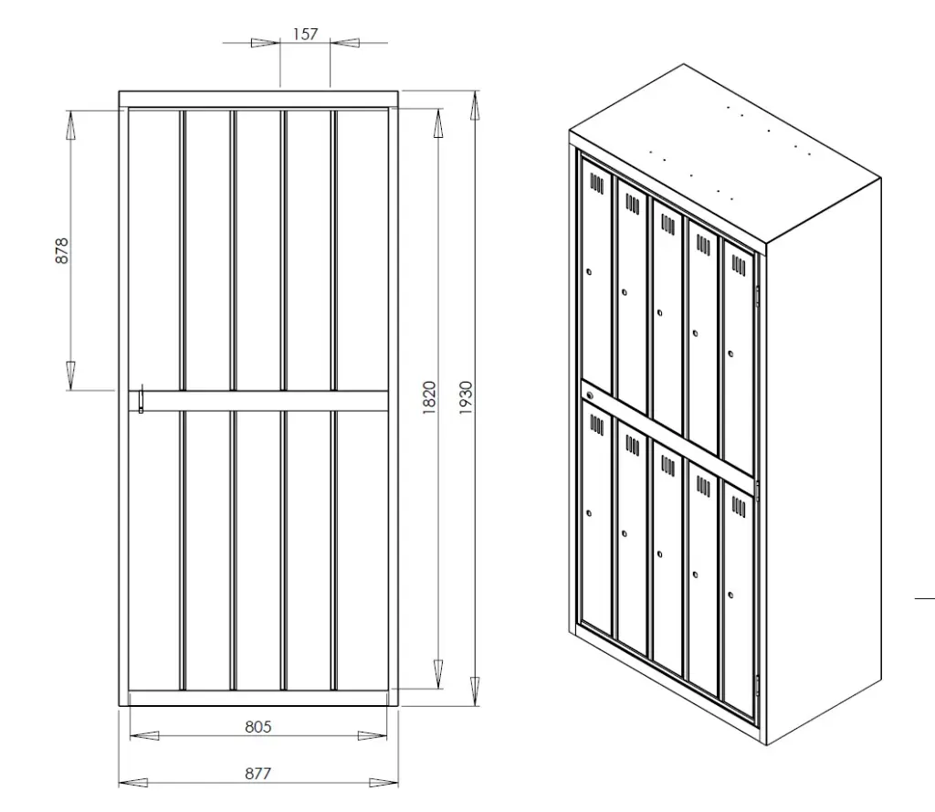 10 Door Uniform Garment Hanging Locker - Dimensions - Secure Lockers.webp