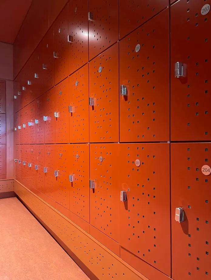 Three Door Flush Front Metal Locker - Red - with perforations - Secure Lockers.webp