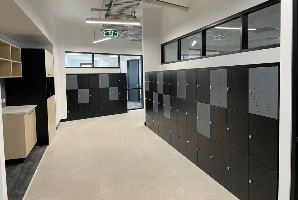 Three Door Flush Front Metal Locker with perforations - Grey and Black - Secure Lockers.webp