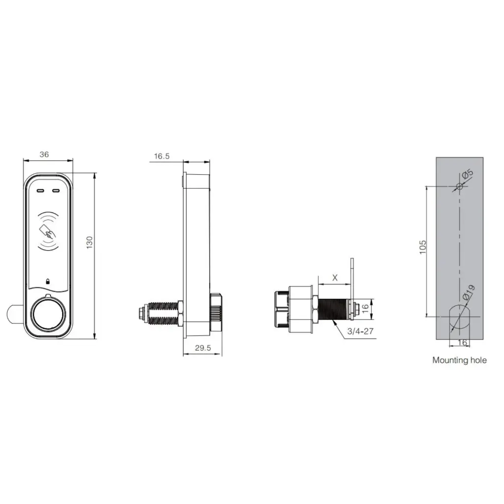 Zinc Alloy RFID Locker Lock - Dimensions - Secure Lockers.webp