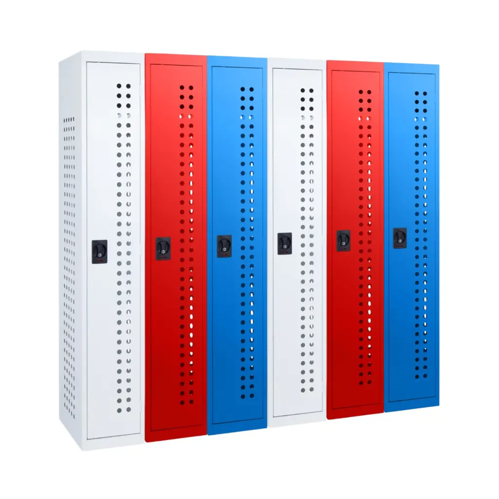 Single Door Ventilation Metal Locker - Alternating White Red Blue - Secure Lockers.webp