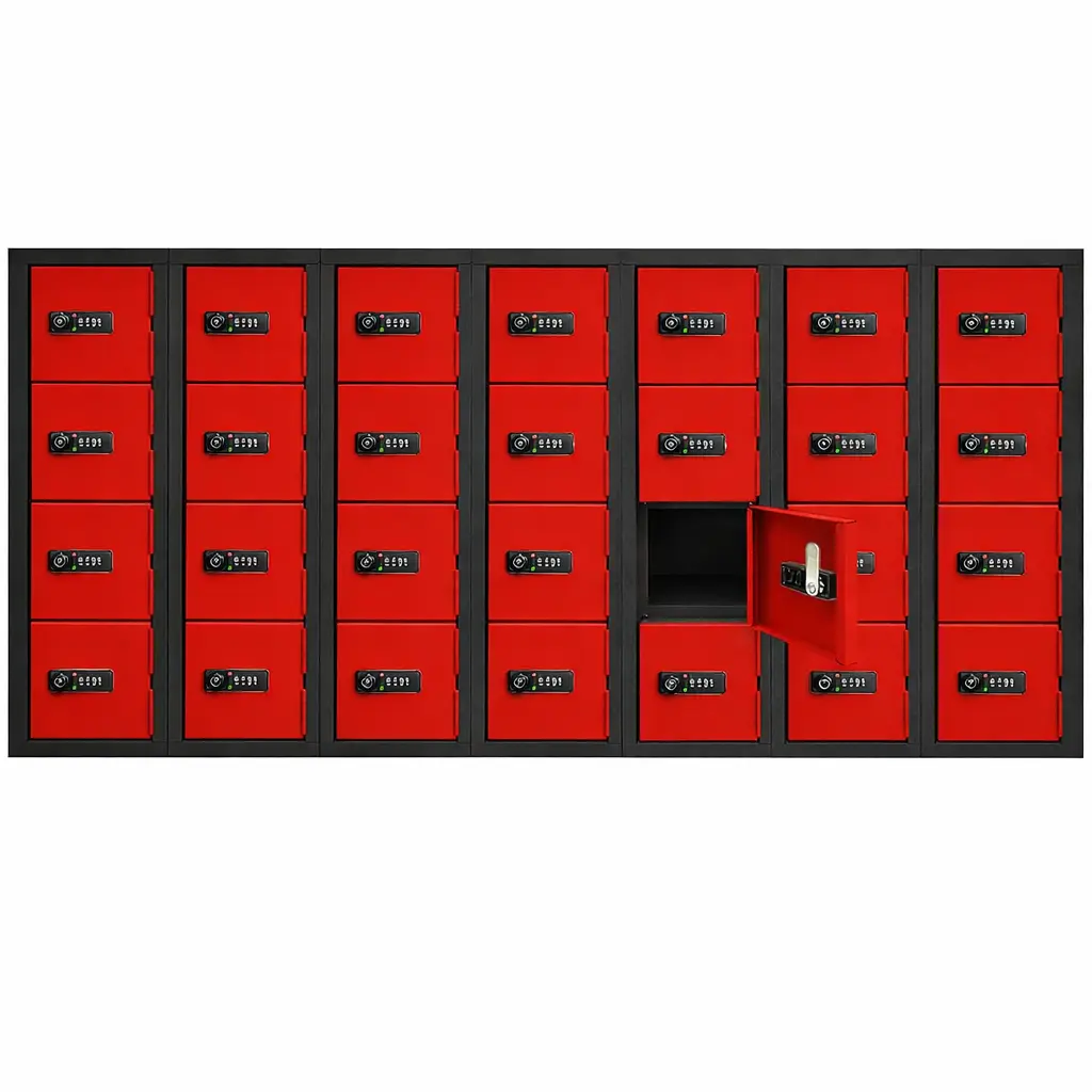 Mini Mobile Phone Locker - Black Frame and Red Doors - Secure Lockers.webp
