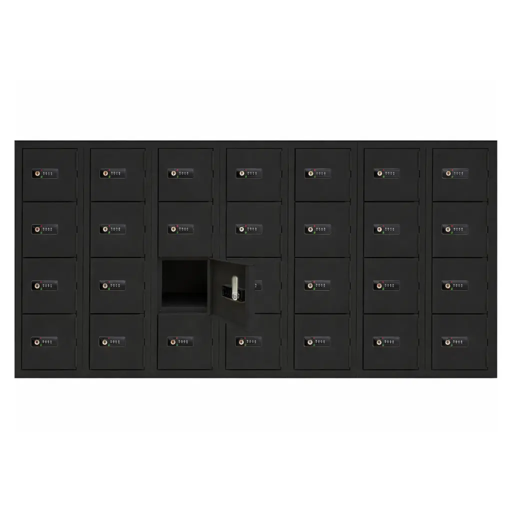 Mini Mobile Phone Metal Locker - Black 7 Bays wide - Secure Lockers.webp
