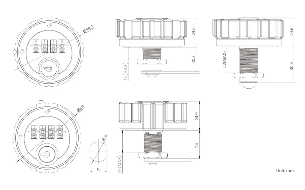 Zinc Metal Round Combination Lock - Dimensions - Secure Lockers.webp
