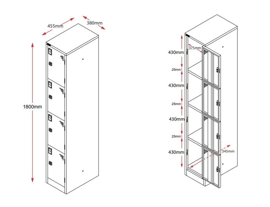 Four Door Metal Locker - Standard - 380mm Dimensions - Secure Lockers.webp