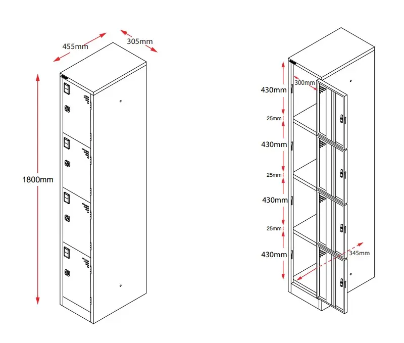 Four Door Metal Locker - Standard - 308mm Dimensions - Secure Lockers.webp