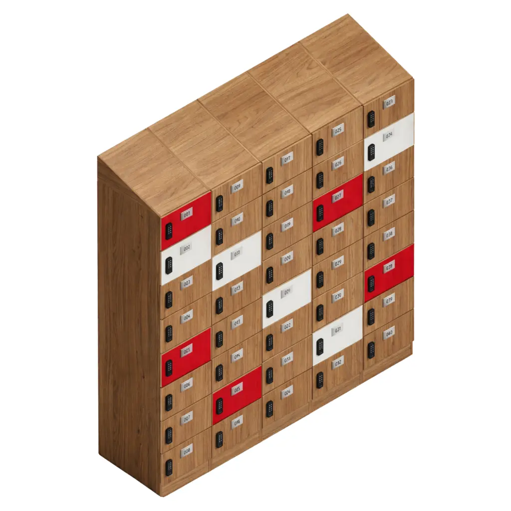 8 Door Timber Laminate Lockers with red and white doors - Secure Lockers.webp